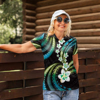 Hawaii Plumeria Women Polo Shirt Chartreuse Cyan Polynesian Pattern LT01 - Polynesian Pride