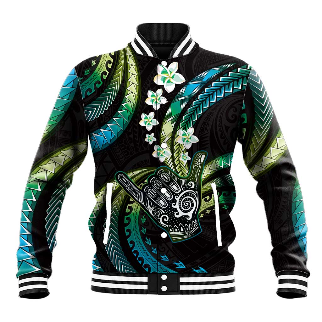 Hawaii Shaka Sign Baseball Jacket Fantastic Frangipani Chartreuse Cyan LT01 Unisex Cyan - Polynesian Pride