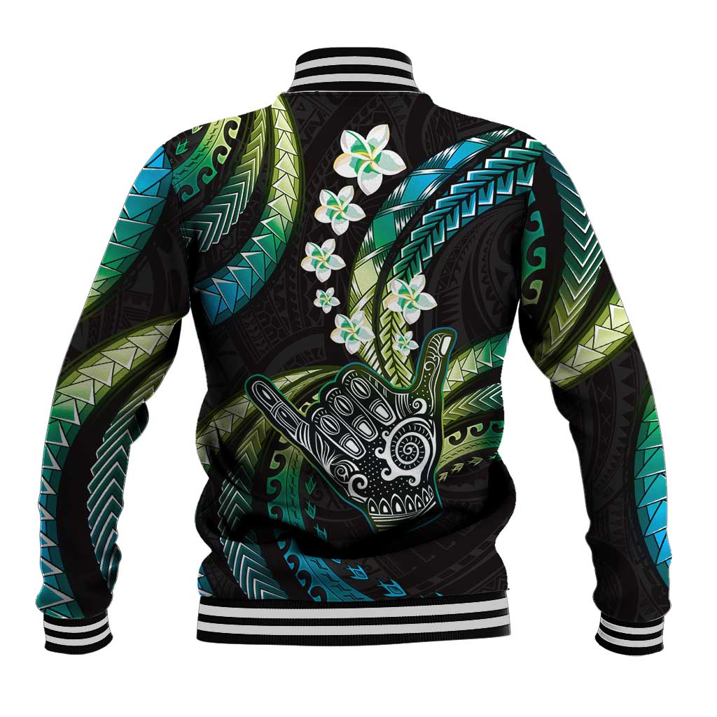 Hawaii Shaka Sign Baseball Jacket Fantastic Frangipani Chartreuse Cyan LT01 - Polynesian Pride