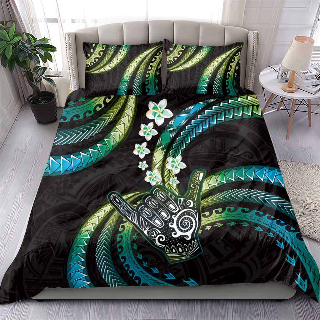 Hawaii Shaka Sign Bedding Set Fantastic Frangipani Chartreuse Cyan LT01 - Polynesian Pride