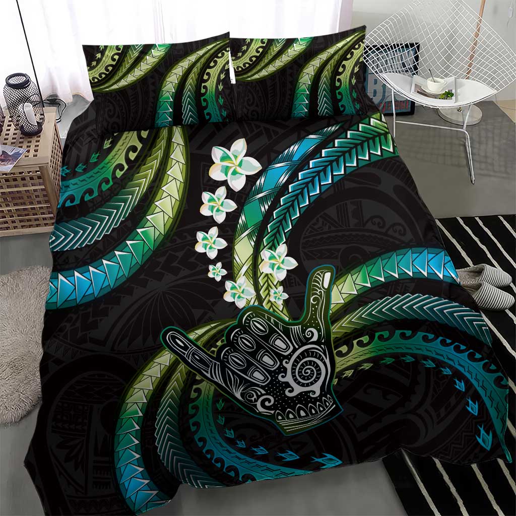 Hawaii Shaka Sign Bedding Set Fantastic Frangipani Chartreuse Cyan LT01 - Polynesian Pride