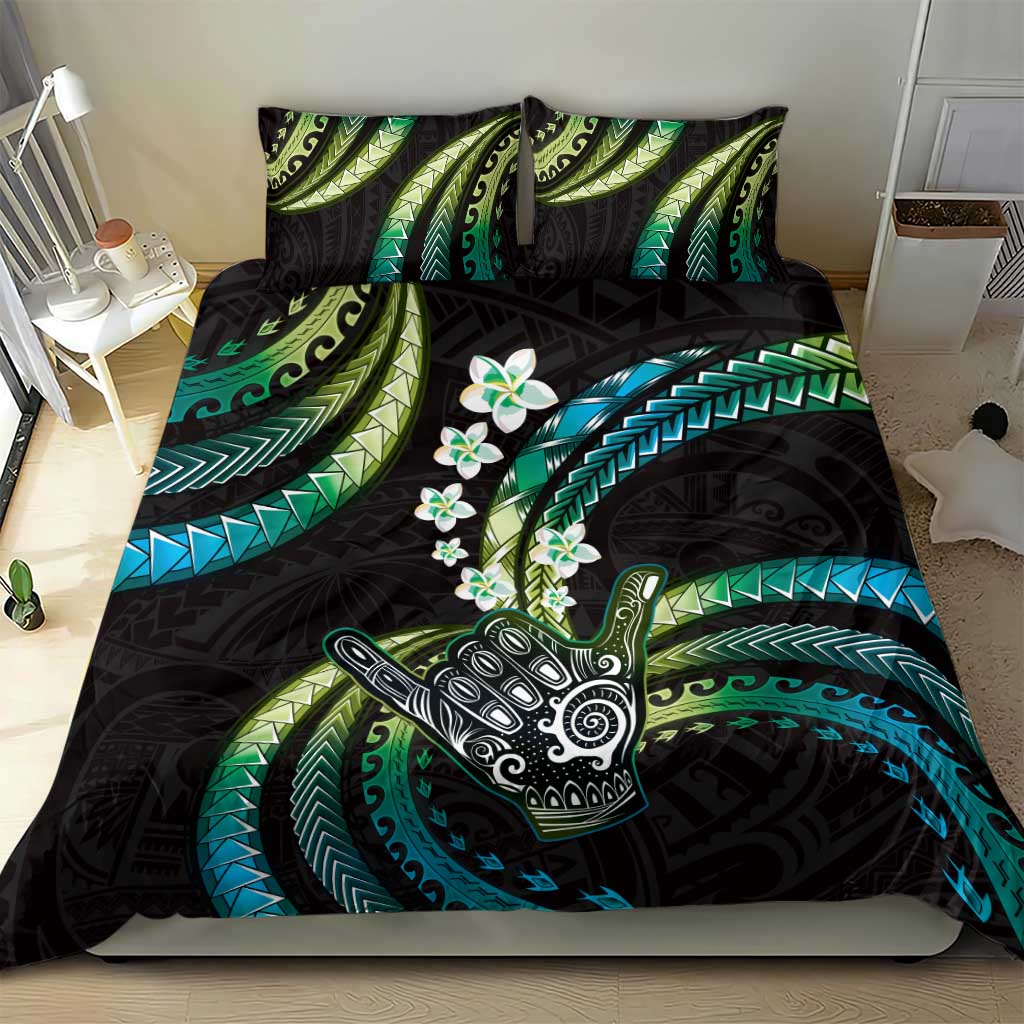 Hawaii Shaka Sign Bedding Set Fantastic Frangipani Chartreuse Cyan LT01 - Polynesian Pride