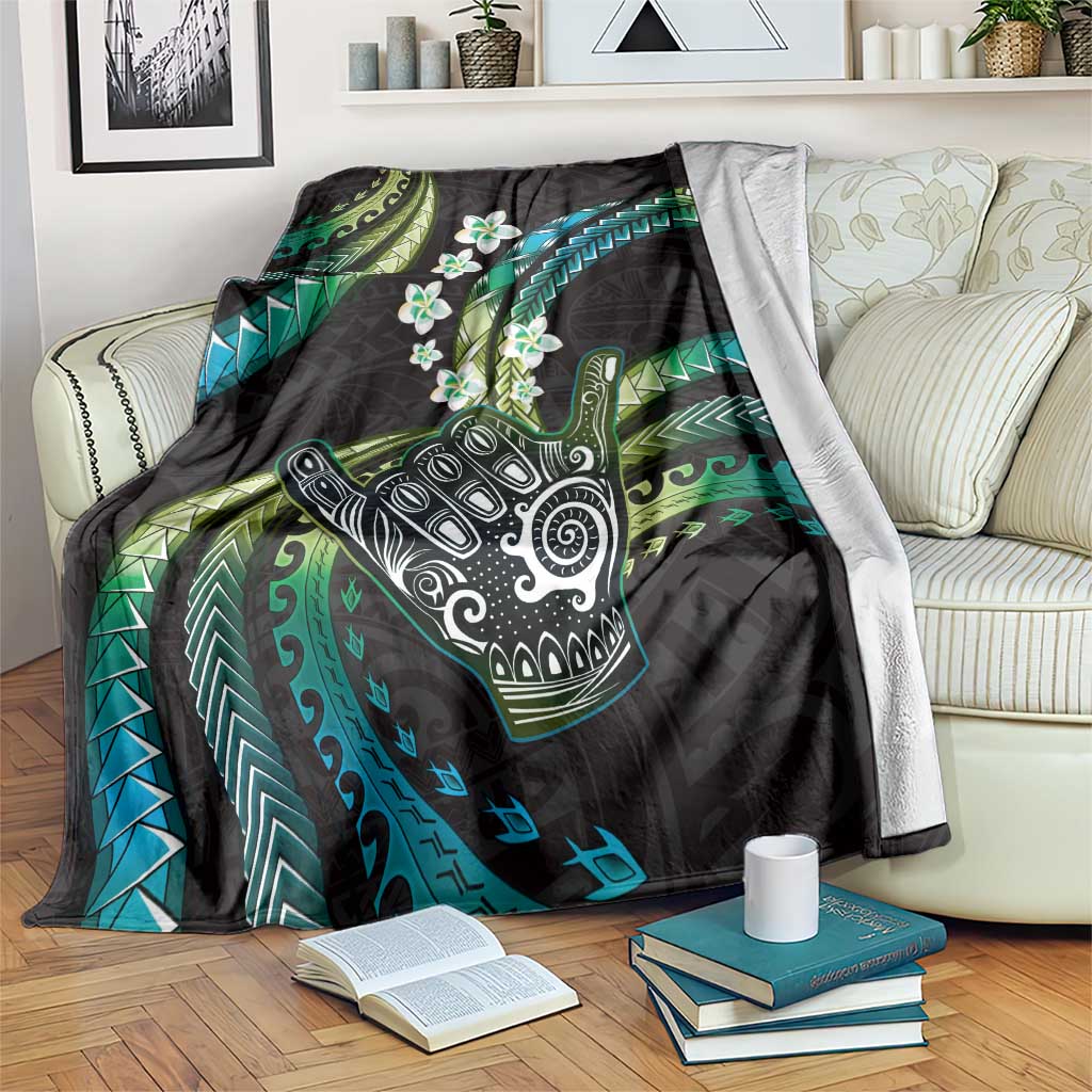Hawaii Shaka Sign Blanket Fantastic Frangipani Chartreuse Cyan LT01 Cyan - Polynesian Pride