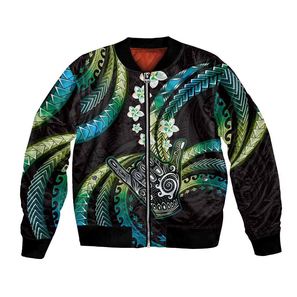 Hawaii Shaka Sign Bomber Jacket Fantastic Frangipani Chartreuse Cyan LT01 Unisex Cyan - Polynesian Pride