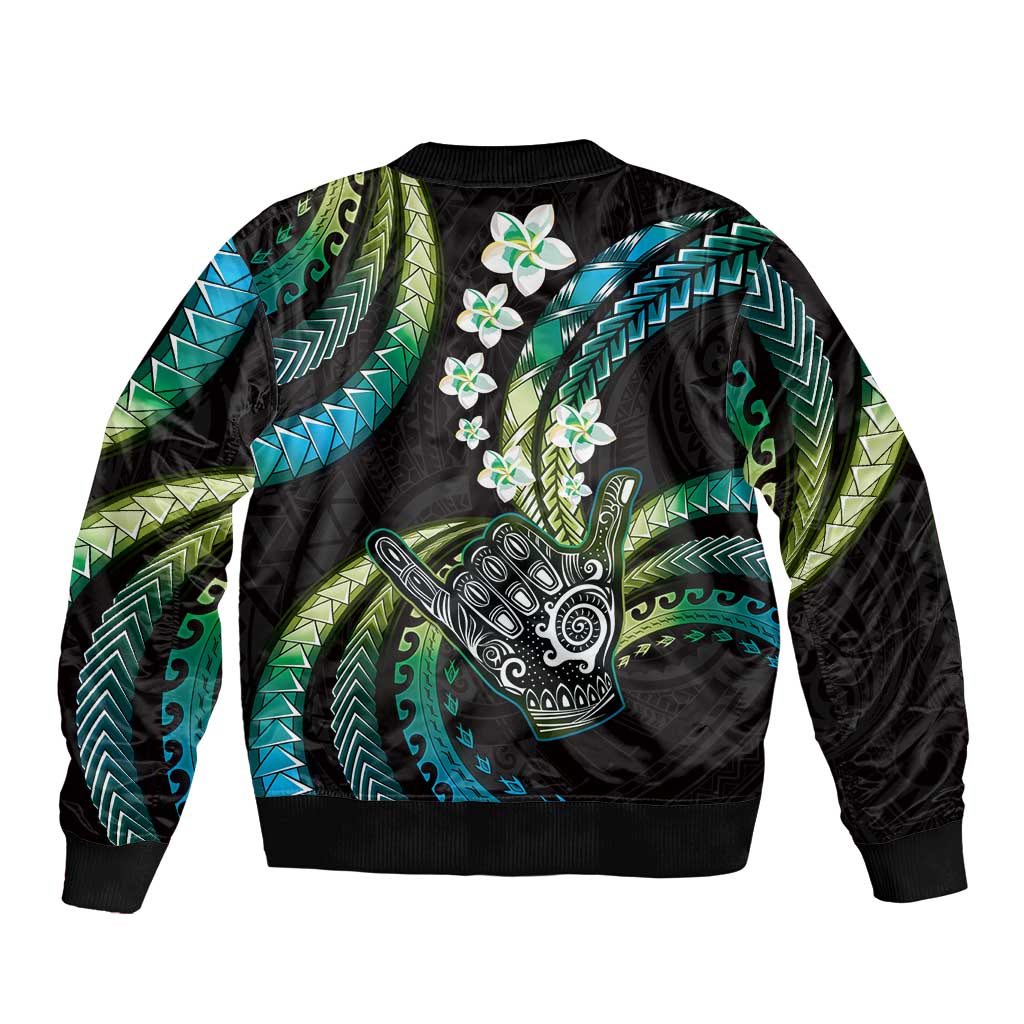 Hawaii Shaka Sign Bomber Jacket Fantastic Frangipani Chartreuse Cyan LT01 - Polynesian Pride