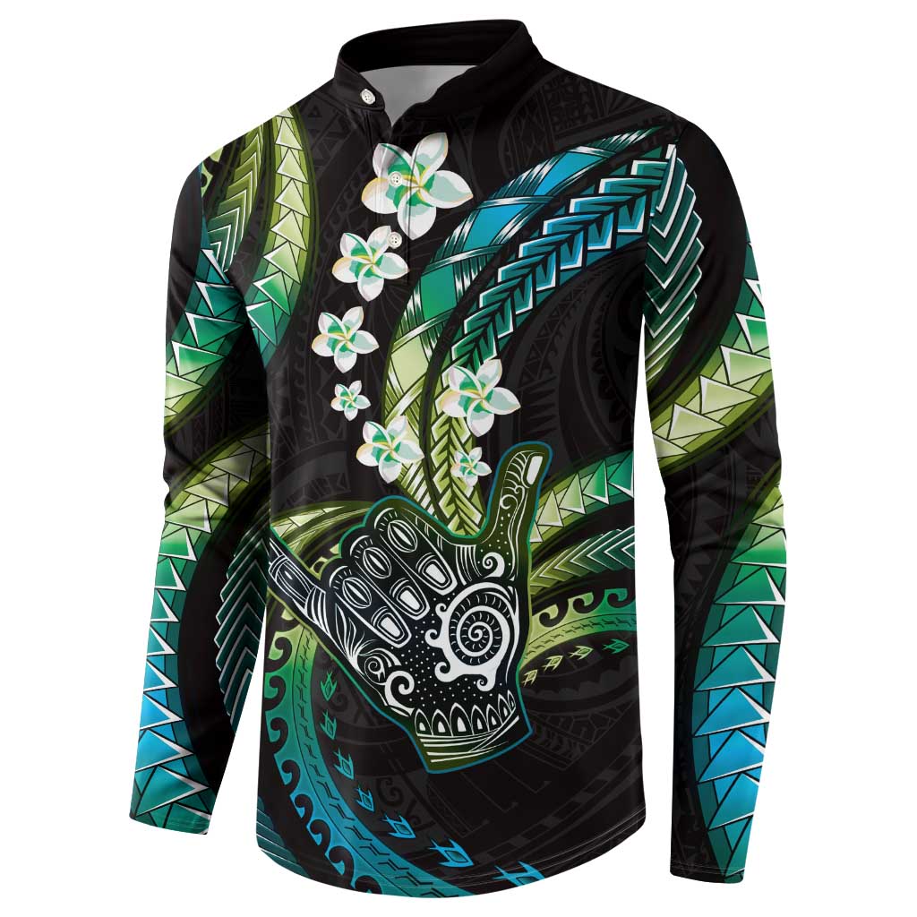 Hawaii Shaka Sign Button Sweatshirt Fantastic Frangipani Chartreuse Cyan LT01 - Polynesian Pride