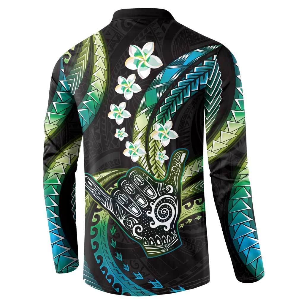 Hawaii Shaka Sign Button Sweatshirt Fantastic Frangipani Chartreuse Cyan LT01 - Polynesian Pride