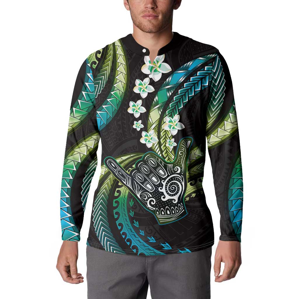 Hawaii Shaka Sign Button Sweatshirt Fantastic Frangipani Chartreuse Cyan LT01 - Polynesian Pride
