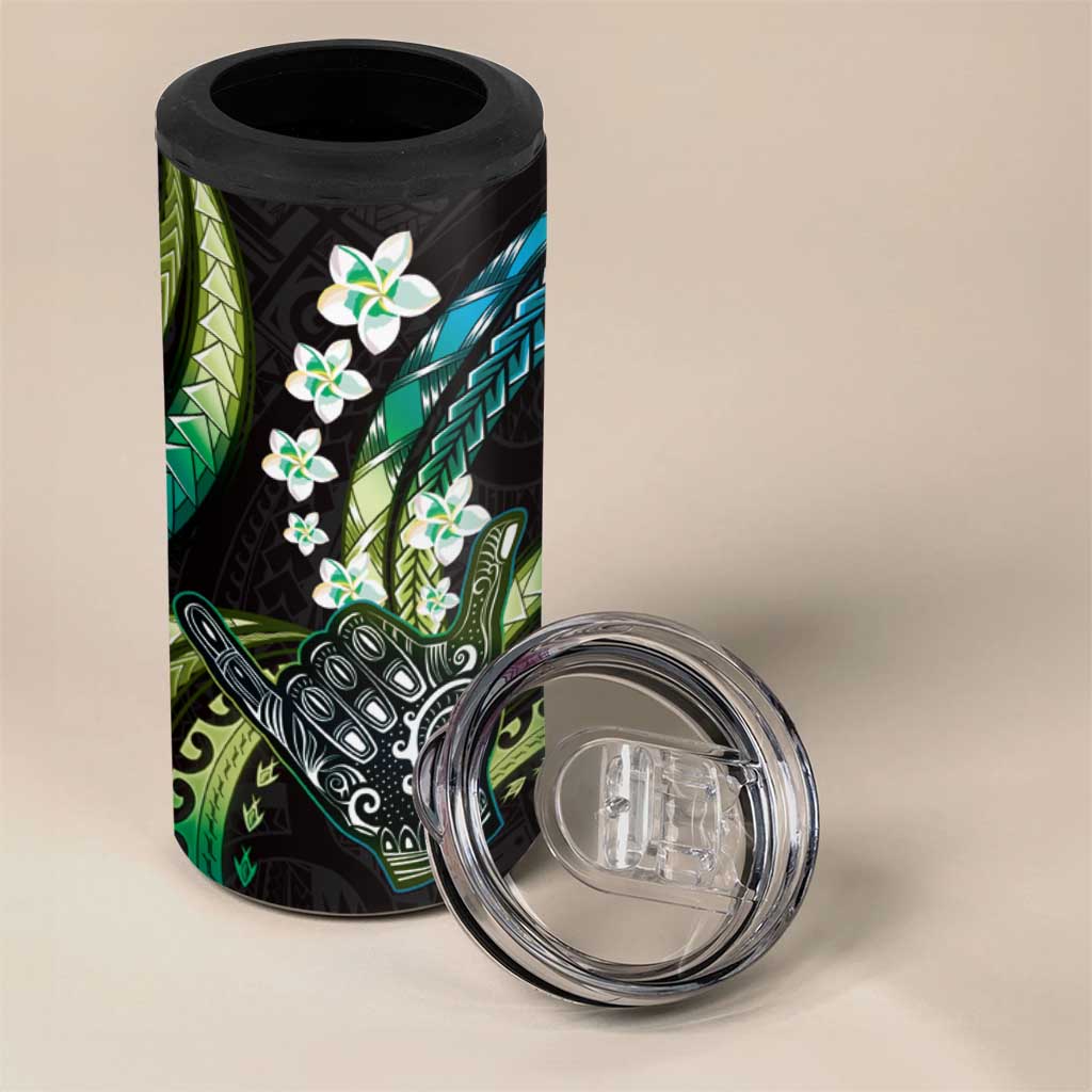 Hawaii Shaka Sign 4 in 1 Can Cooler Tumbler Fantastic Frangipani Chartreuse Cyan LT01 - Polynesian Pride