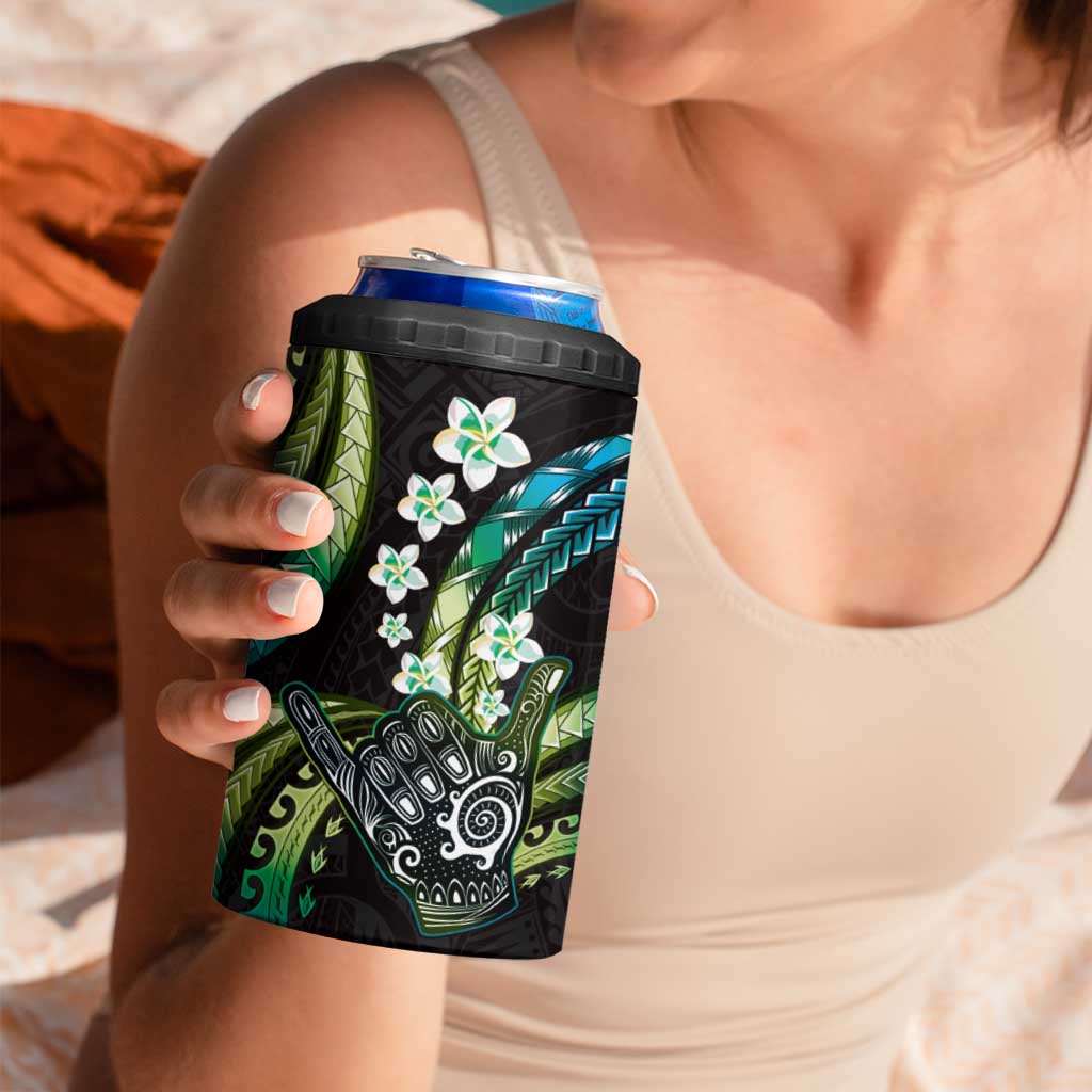 Hawaii Shaka Sign 4 in 1 Can Cooler Tumbler Fantastic Frangipani Chartreuse Cyan LT01 - Polynesian Pride
