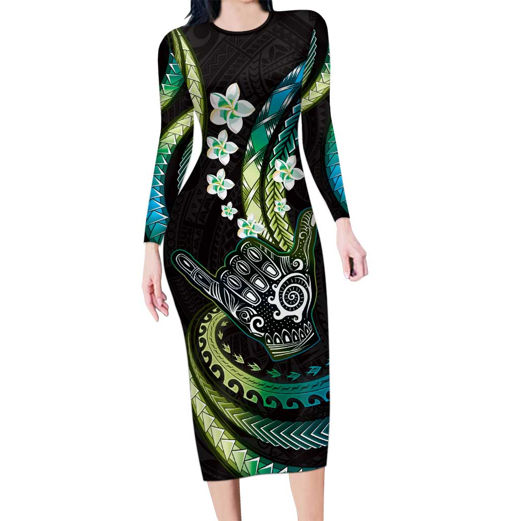 Hawaii Shaka Sign Long Sleeve Bodycon Dress Fantastic Frangipani Chartreuse Cyan LT01 Long Dress Cyan - Polynesian Pride
