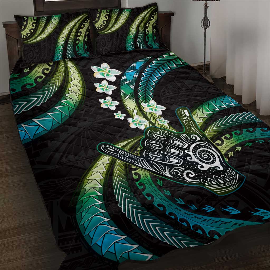 Hawaii Shaka Sign Quilt Bed Set Fantastic Frangipani Chartreuse Cyan LT01 Cyan - Polynesian Pride