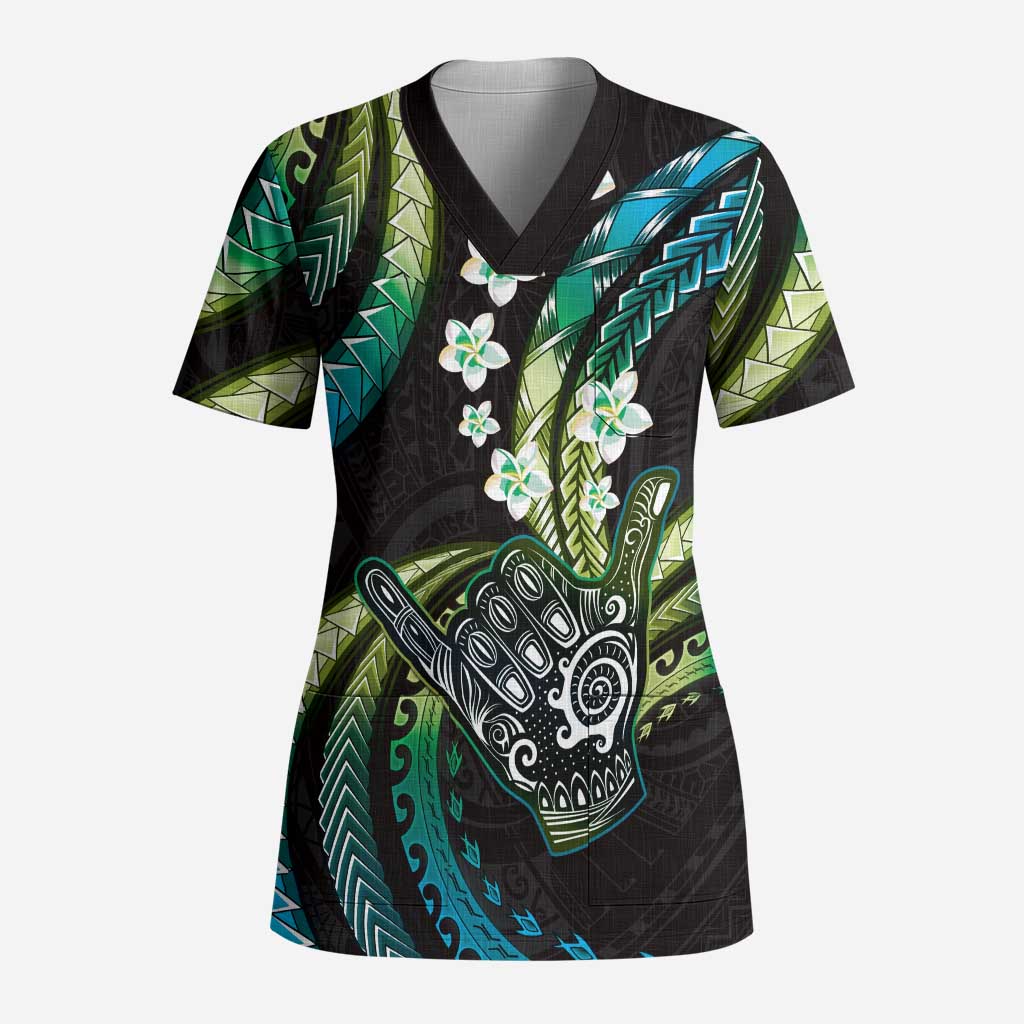 Hawaii Shaka Sign Scrub Top Fantastic Frangipani Chartreuse Cyan LT01 Adult Cyan - Polynesian Pride