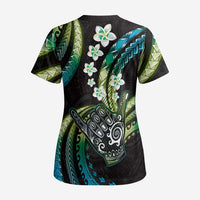 Hawaii Shaka Sign Scrub Top Fantastic Frangipani Chartreuse Cyan LT01 - Polynesian Pride