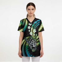 Hawaii Shaka Sign Scrub Top Fantastic Frangipani Chartreuse Cyan LT01 - Polynesian Pride
