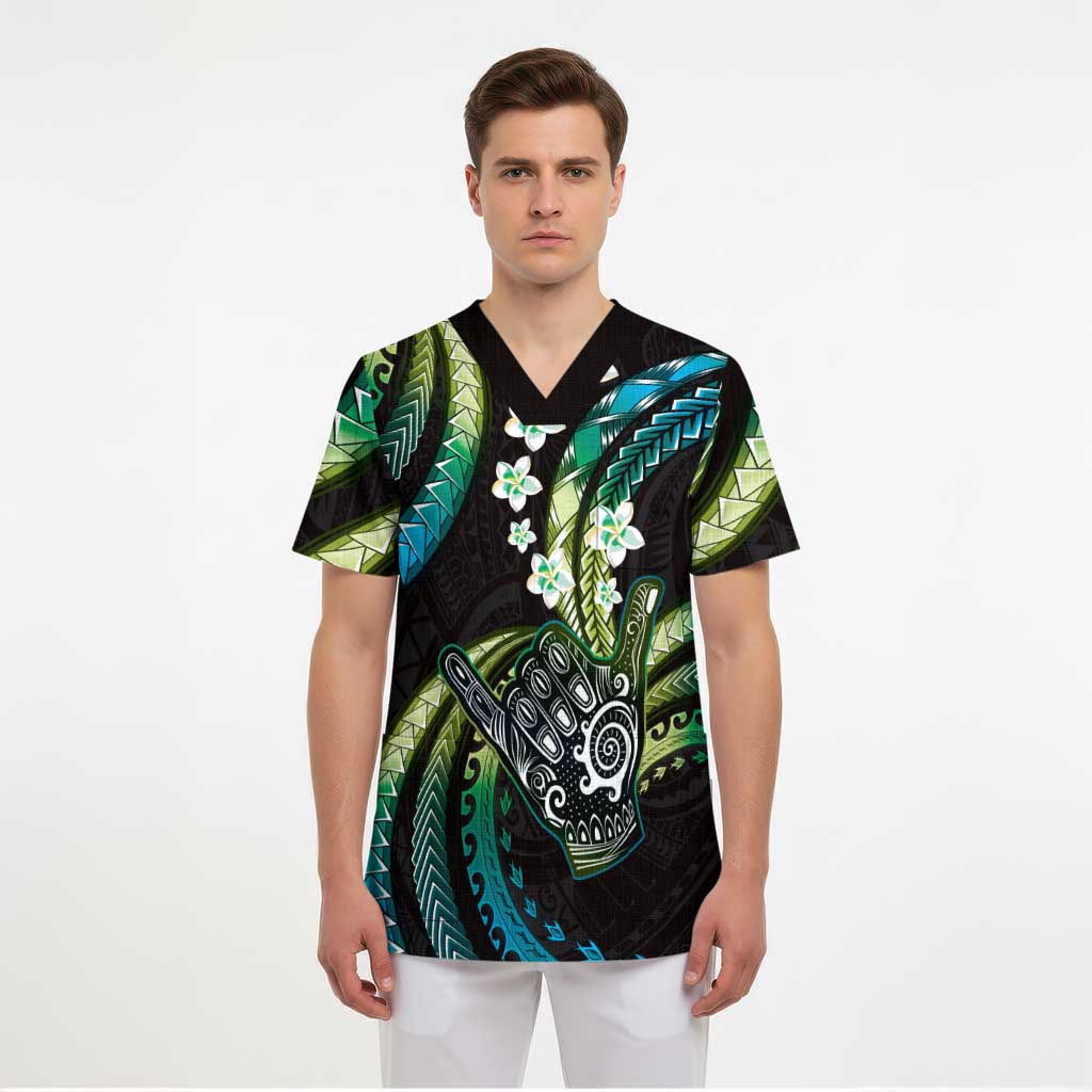 Hawaii Shaka Sign Scrub Top Fantastic Frangipani Chartreuse Cyan LT01 - Polynesian Pride