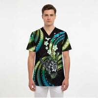 Hawaii Shaka Sign Scrub Top Fantastic Frangipani Chartreuse Cyan LT01 - Polynesian Pride