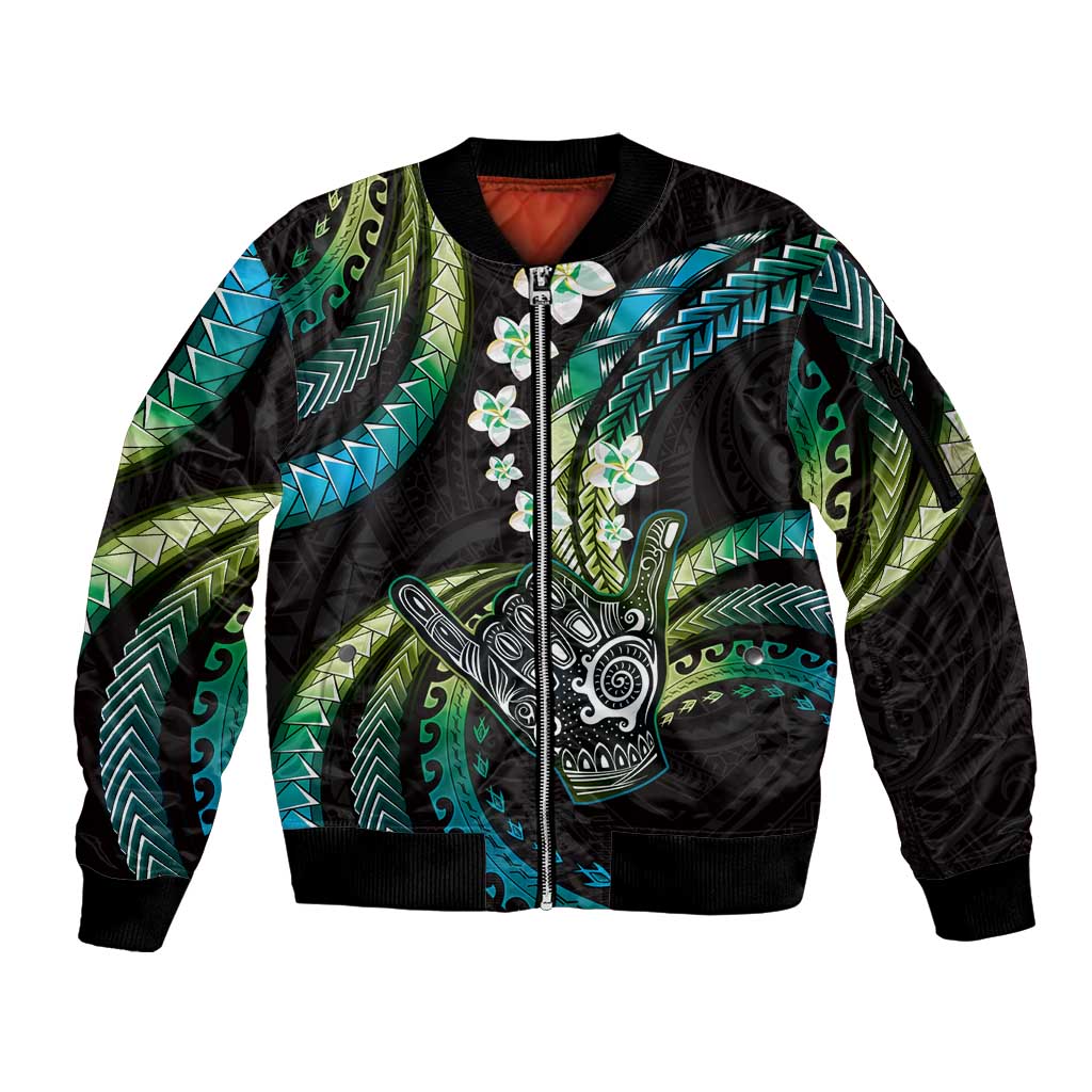 Hawaii Shaka Sign Sleeve Zip Bomber Jacket Fantastic Frangipani Chartreuse Cyan LT01 Unisex Cyan - Polynesian Pride