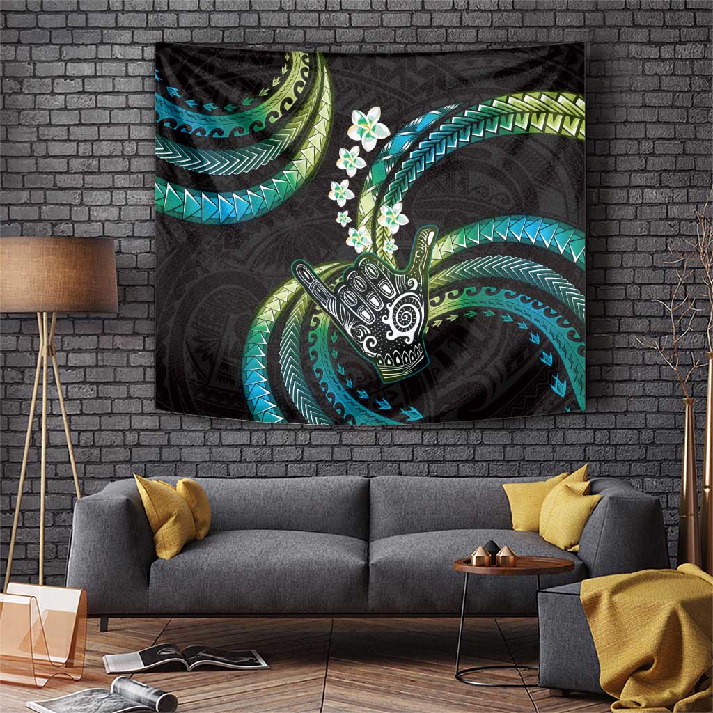 Hawaii Shaka Sign Tapestry Fantastic Frangipani Chartreuse Cyan LT01 Cyan - Polynesian Pride