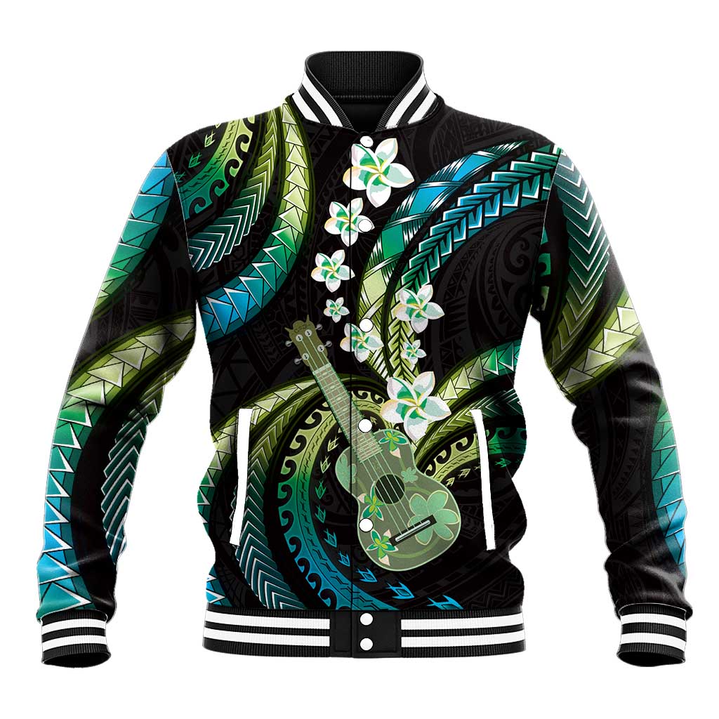 Hawaiian Ukulele Baseball Jacket Chartreuse Cyan Fantastic Plumeria LT01 Unisex Cyan - Polynesian Pride