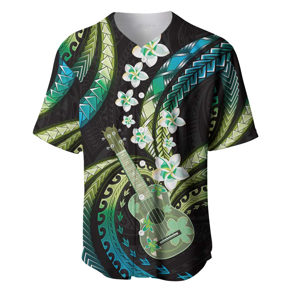 Hawaiian Ukulele Baseball Jersey Chartreuse Cyan Fantastic Plumeria LT01 Cyan - Polynesian Pride
