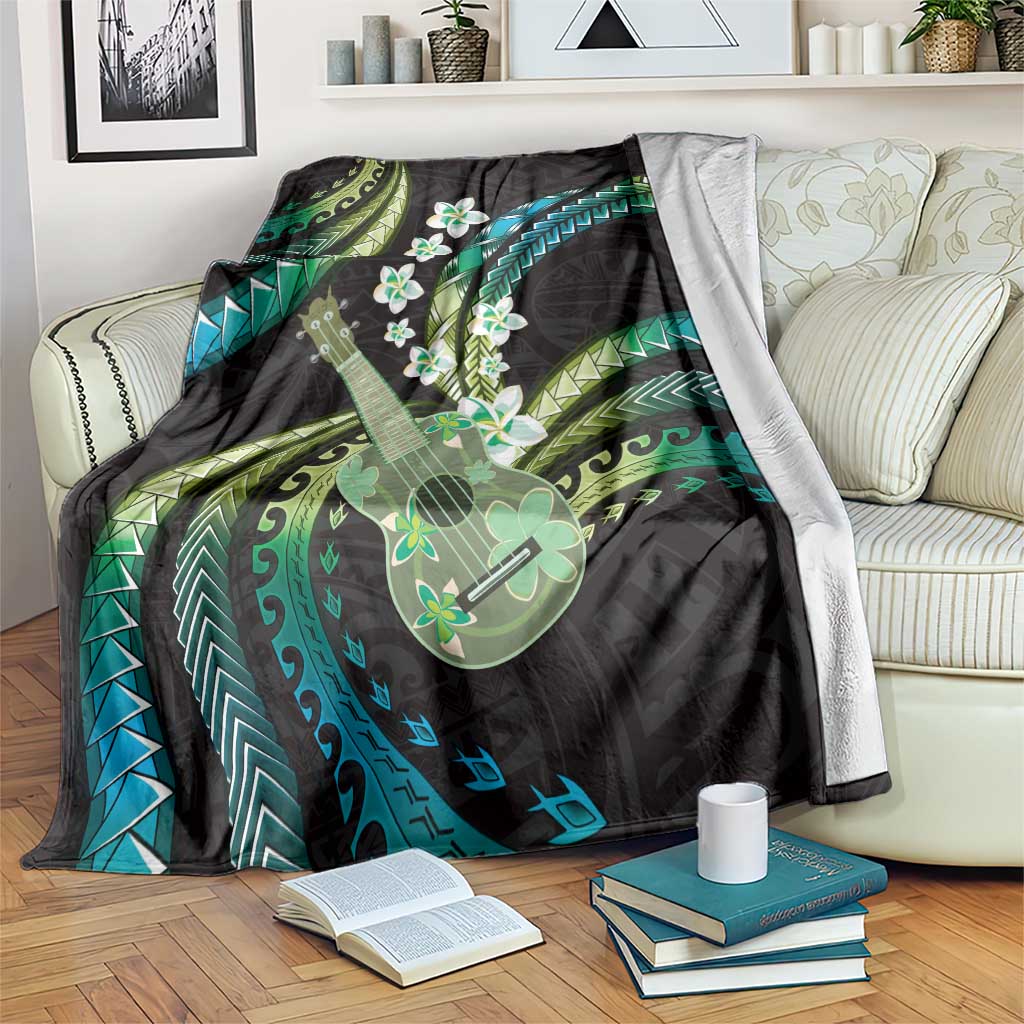 Hawaiian Ukulele Blanket Chartreuse Cyan Fantastic Plumeria LT01 Cyan - Polynesian Pride