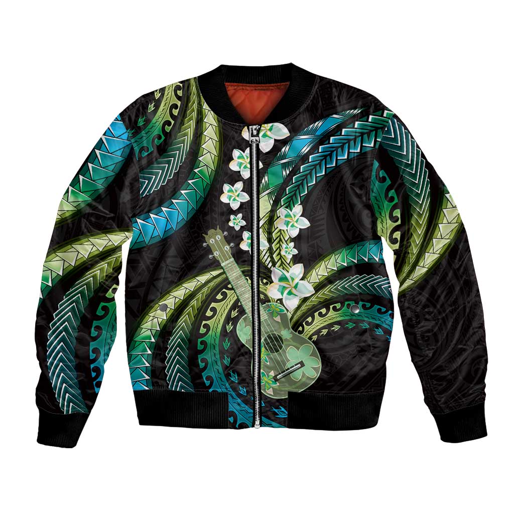 Hawaiian Ukulele Bomber Jacket Chartreuse Cyan Fantastic Plumeria LT01 Unisex Cyan - Polynesian Pride