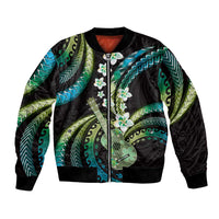 Hawaiian Ukulele Bomber Jacket Chartreuse Cyan Fantastic Plumeria LT01 Unisex Cyan - Polynesian Pride