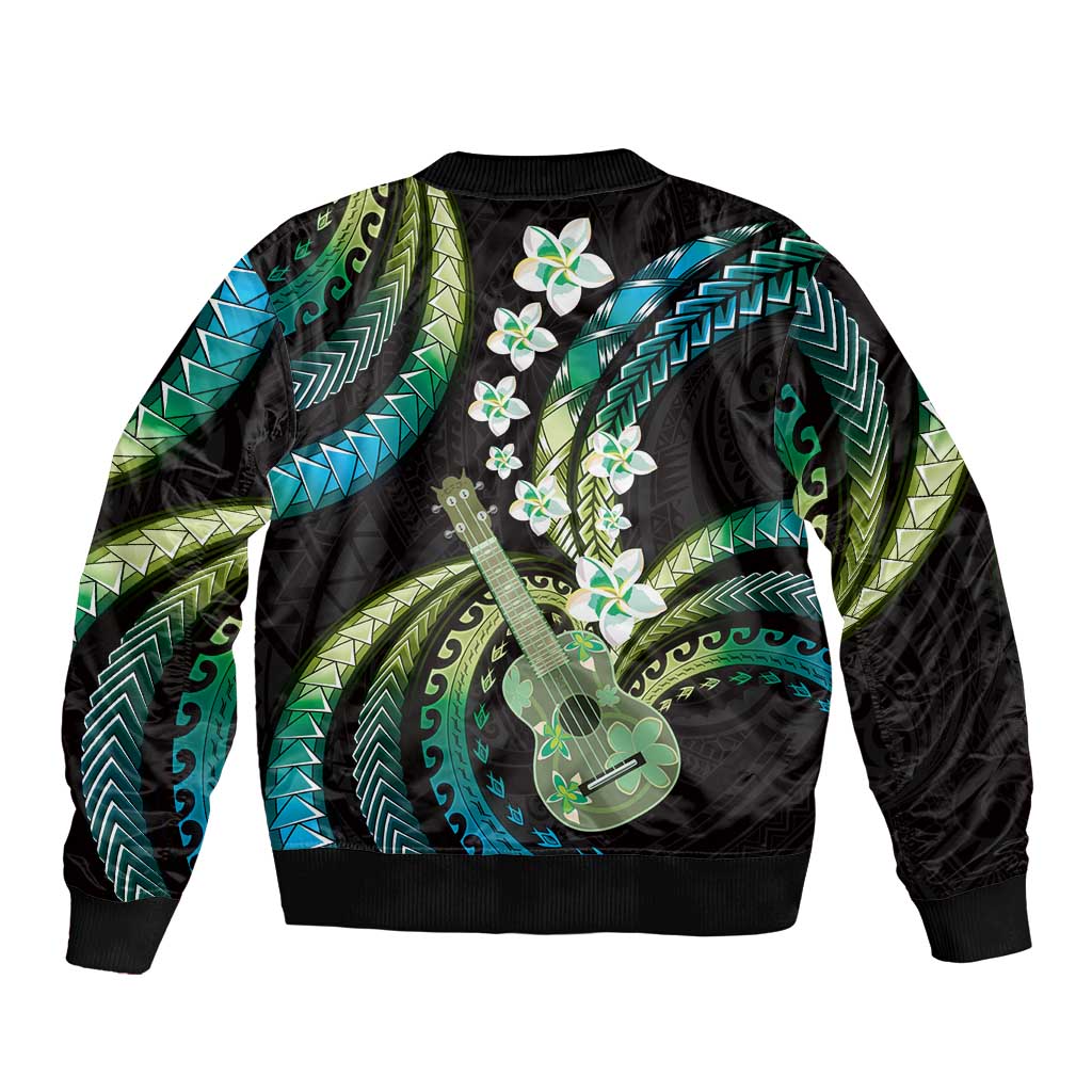 Hawaiian Ukulele Bomber Jacket Chartreuse Cyan Fantastic Plumeria LT01 - Polynesian Pride