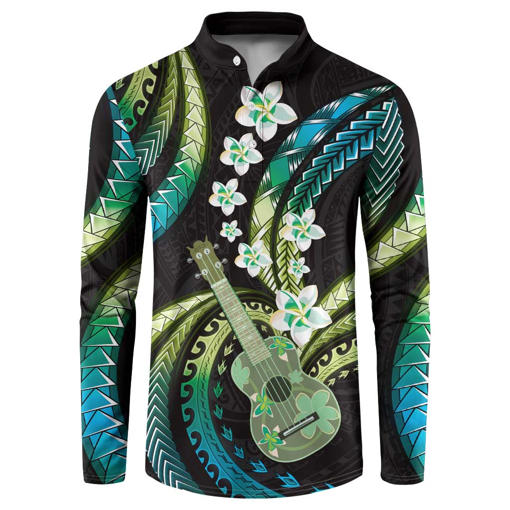 Hawaiian Ukulele Button Sweatshirt Chartreuse Cyan Fantastic Plumeria LT01 Cyan - Polynesian Pride
