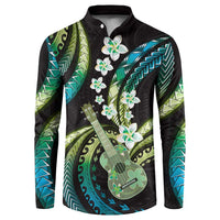 Hawaiian Ukulele Button Sweatshirt Chartreuse Cyan Fantastic Plumeria LT01 Cyan - Polynesian Pride