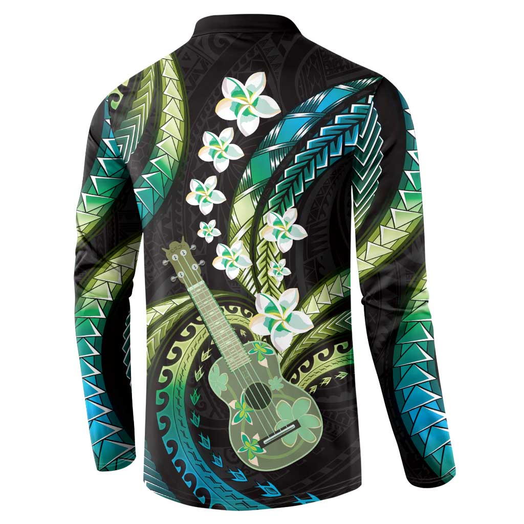 Hawaiian Ukulele Button Sweatshirt Chartreuse Cyan Fantastic Plumeria LT01 - Polynesian Pride