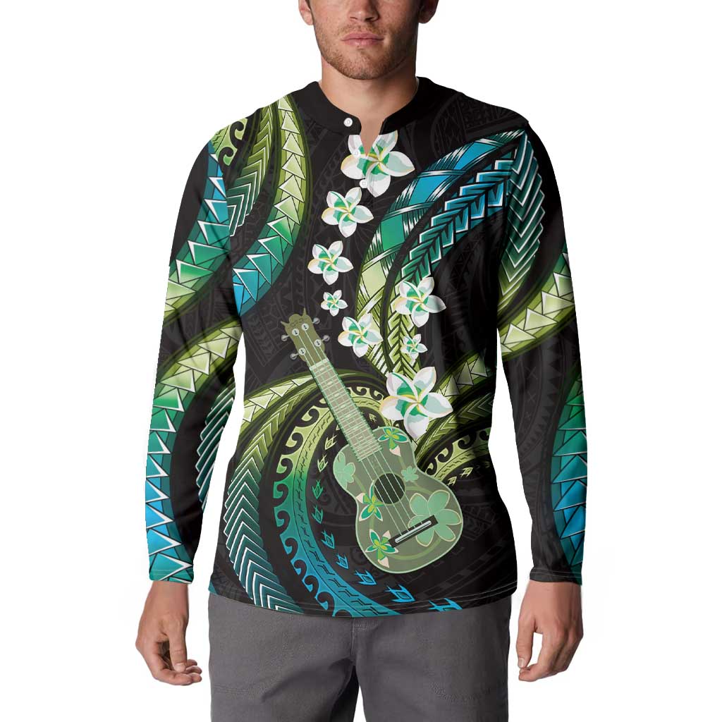 Hawaiian Ukulele Button Sweatshirt Chartreuse Cyan Fantastic Plumeria LT01 - Polynesian Pride