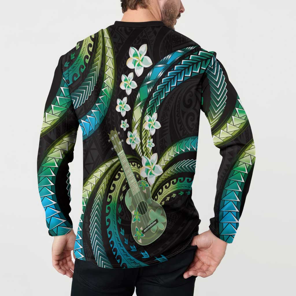 Hawaiian Ukulele Button Sweatshirt Chartreuse Cyan Fantastic Plumeria LT01 - Polynesian Pride