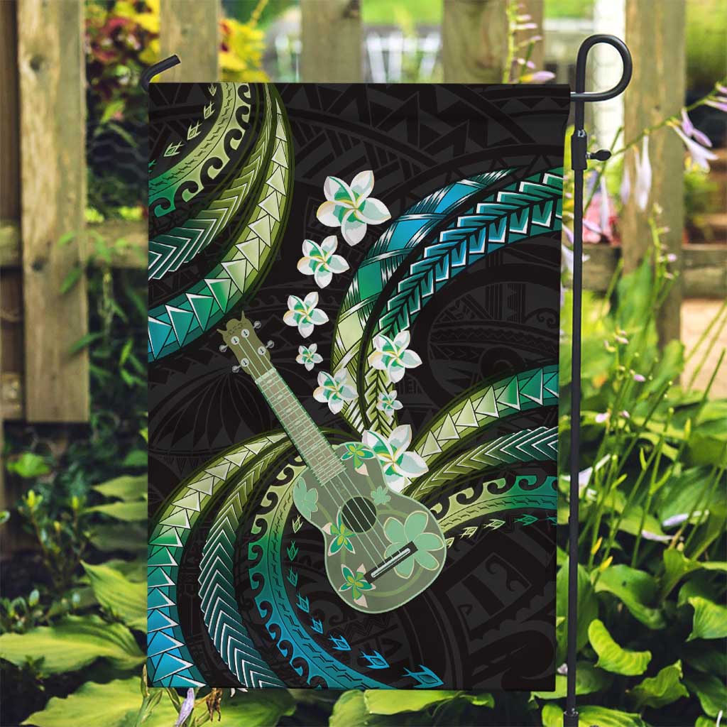 Hawaiian Ukulele Garden Flag Chartreuse Cyan Fantastic Plumeria LT01 Garden Flag Cyan - Polynesian Pride