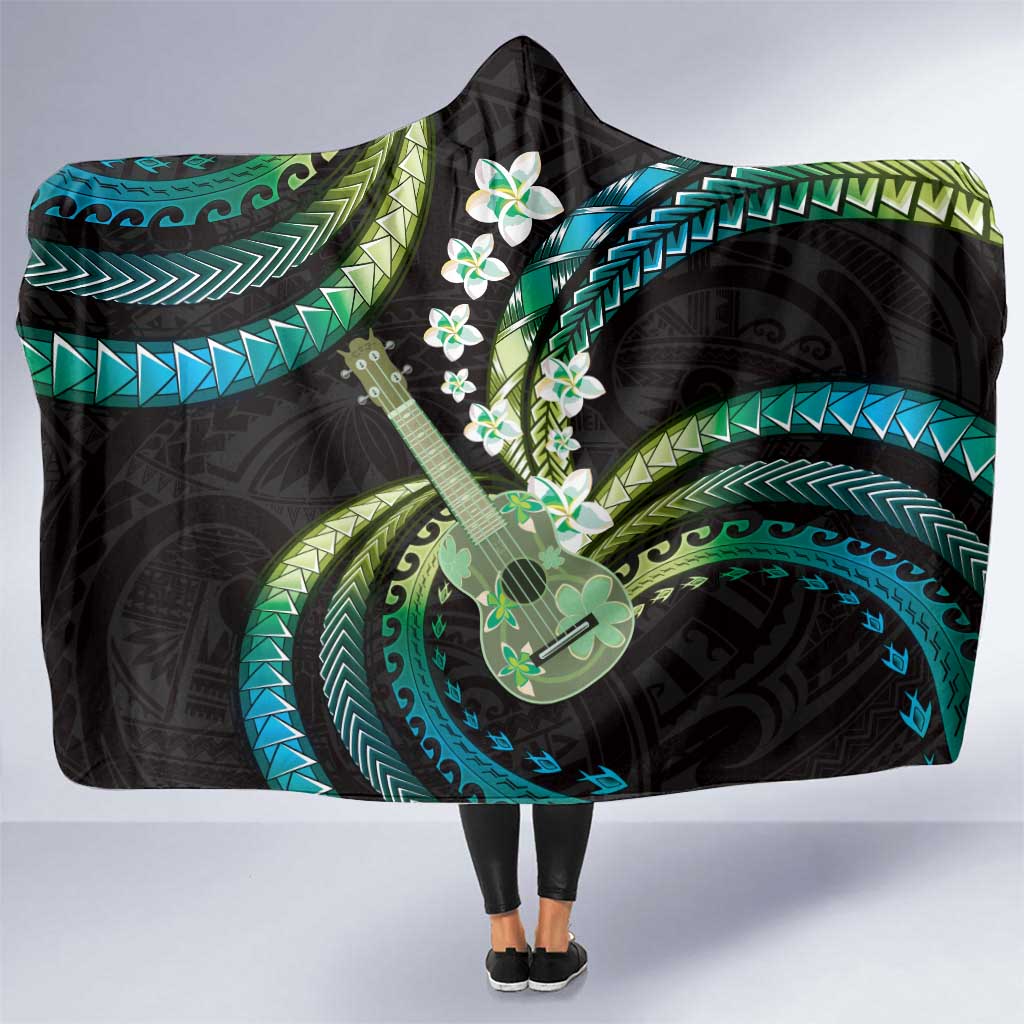Hawaiian Ukulele Hooded Blanket Chartreuse Cyan Fantastic Plumeria LT01 One Size Cyan - Polynesian Pride