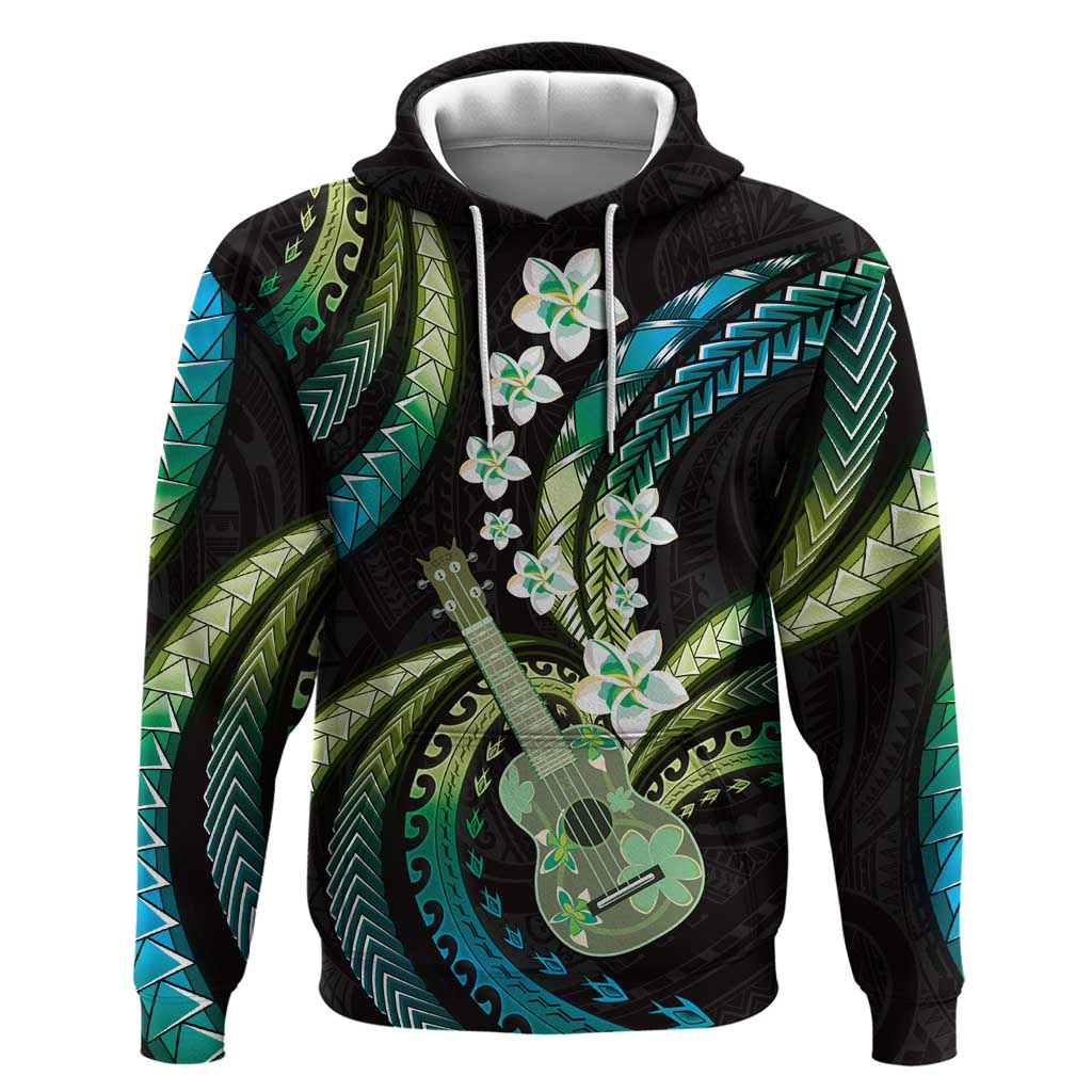 Hawaiian Ukulele Hoodie Chartreuse Cyan Fantastic Plumeria LT01 Pullover Hoodie Cyan - Polynesian Pride