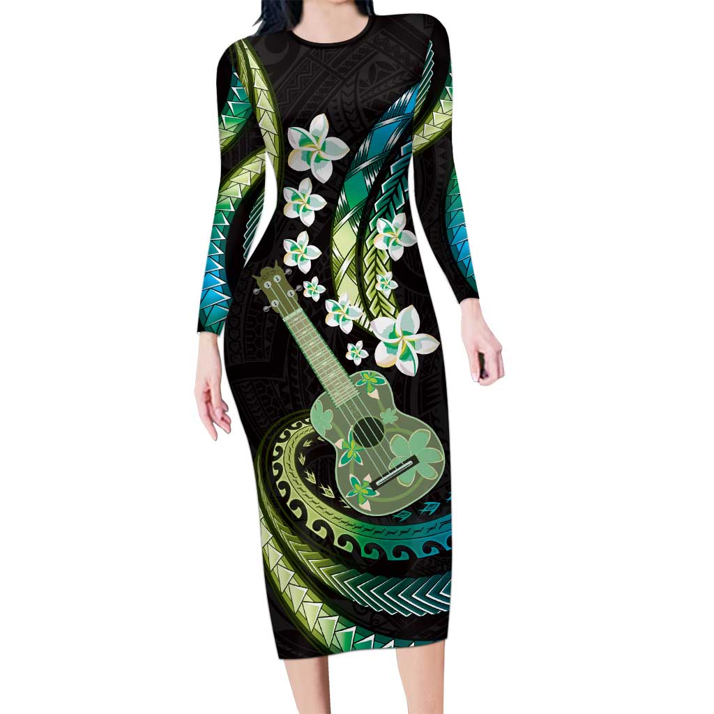 Hawaiian Ukulele Long Sleeve Bodycon Dress Chartreuse Cyan Fantastic Plumeria LT01 Long Dress Cyan - Polynesian Pride