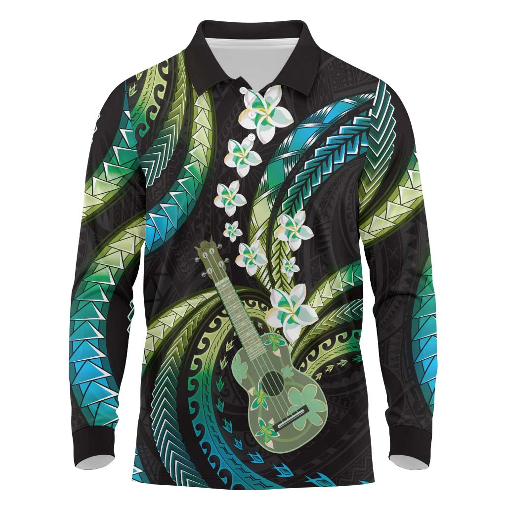 Hawaiian Ukulele Long Sleeve Polo Shirt Chartreuse Cyan Fantastic Plumeria LT01 Cyan - Polynesian Pride