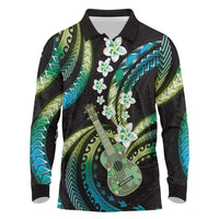 Hawaiian Ukulele Long Sleeve Polo Shirt Chartreuse Cyan Fantastic Plumeria LT01 Cyan - Polynesian Pride