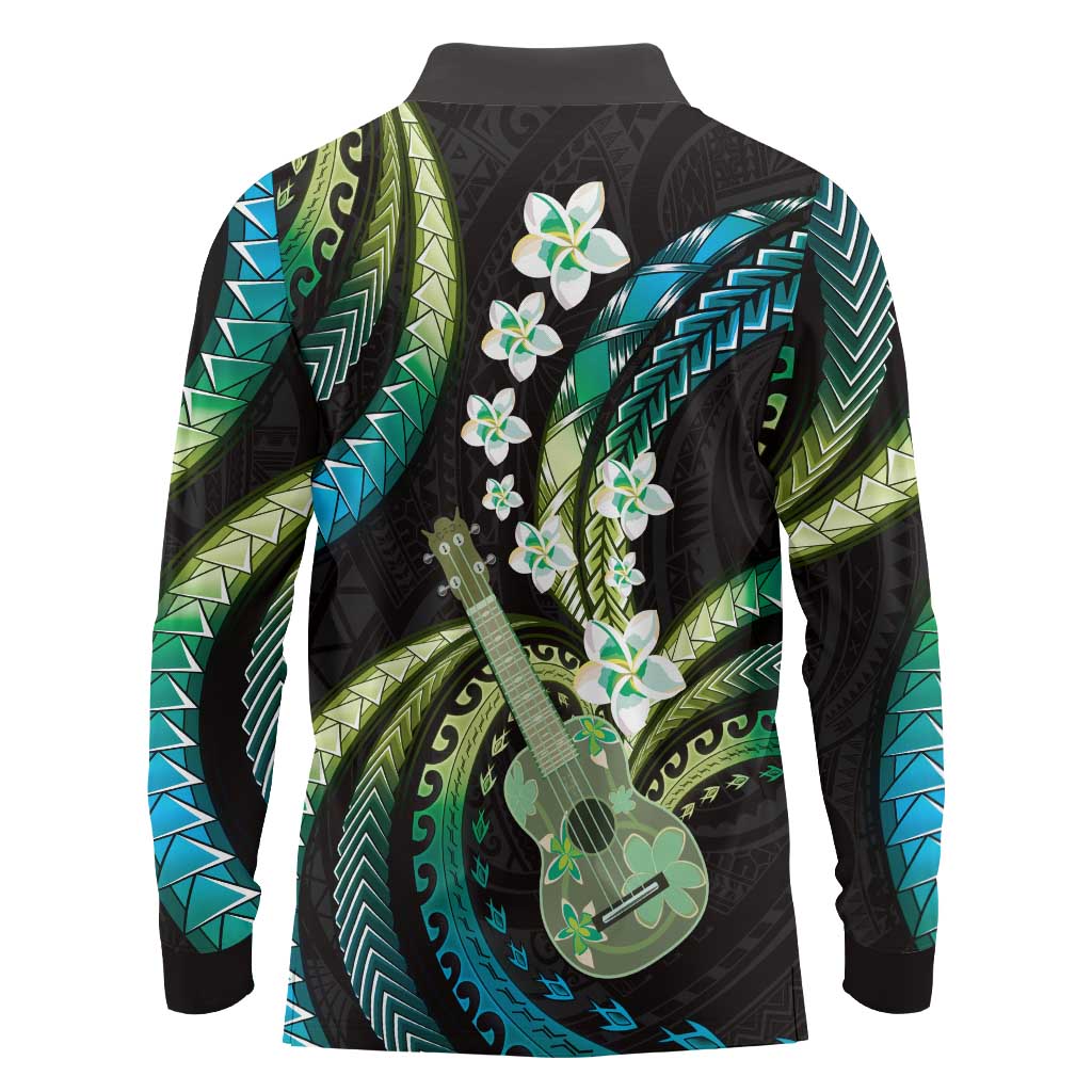 Hawaiian Ukulele Long Sleeve Polo Shirt Chartreuse Cyan Fantastic Plumeria LT01 - Polynesian Pride