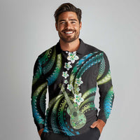 Hawaiian Ukulele Long Sleeve Polo Shirt Chartreuse Cyan Fantastic Plumeria LT01 - Polynesian Pride