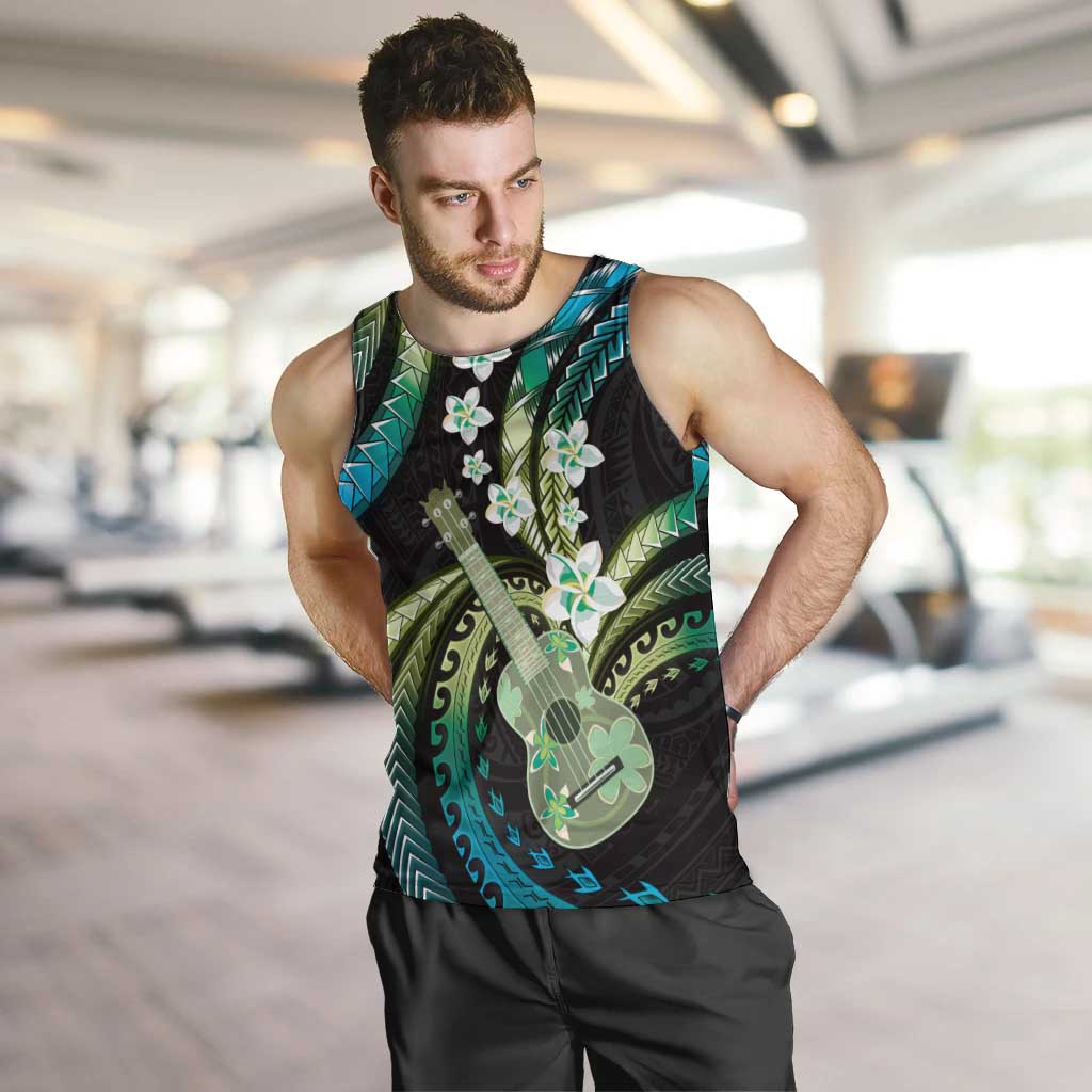 Hawaiian Ukulele Men Tank Top Chartreuse Cyan Fantastic Plumeria LT01 Cyan - Polynesian Pride