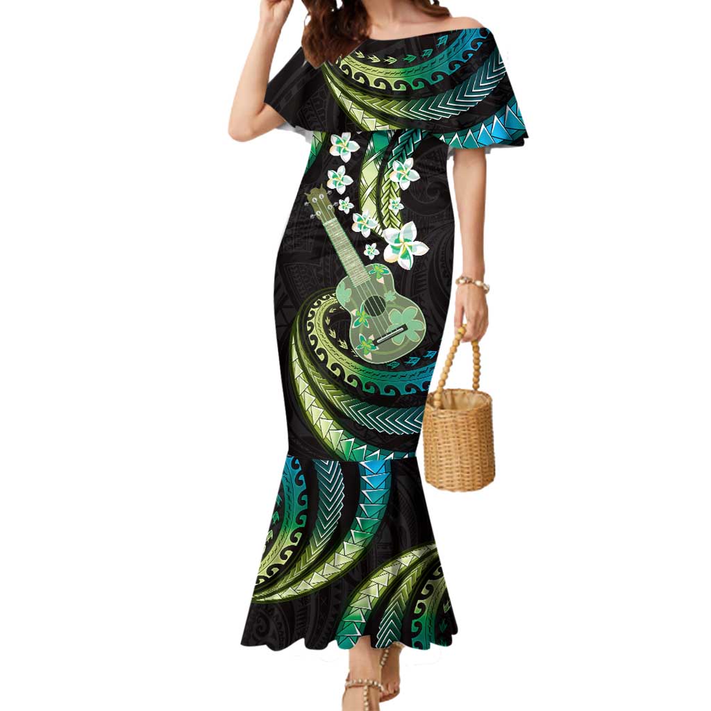 Hawaiian Ukulele Mermaid Dress Chartreuse Cyan Fantastic Plumeria LT01 Women Cyan - Polynesian Pride