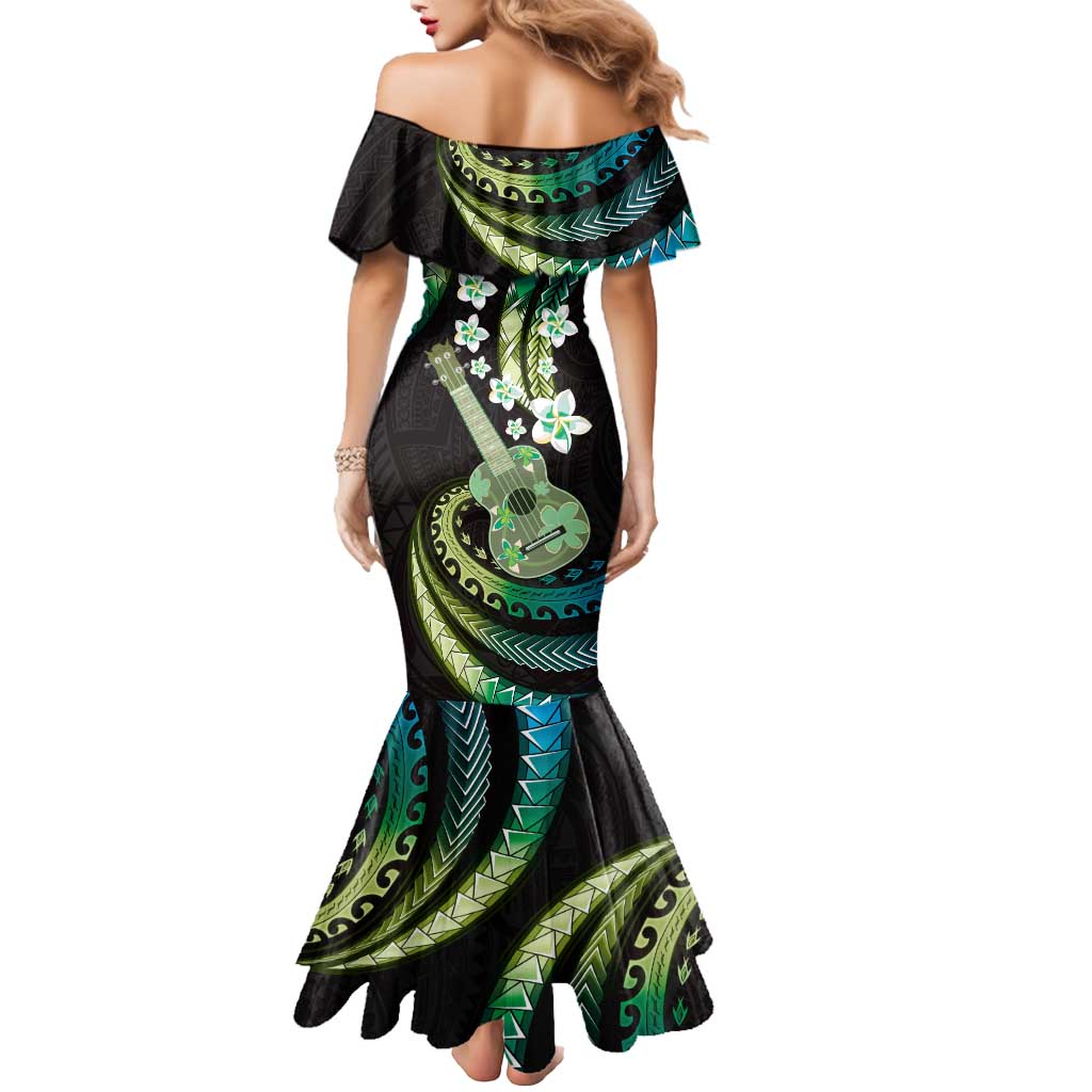 Hawaiian Ukulele Mermaid Dress Chartreuse Cyan Fantastic Plumeria LT01 - Polynesian Pride