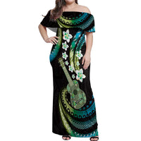 Hawaiian Ukulele Off Shoulder Maxi Dress Chartreuse Cyan Fantastic Plumeria LT01 Women Cyan - Polynesian Pride