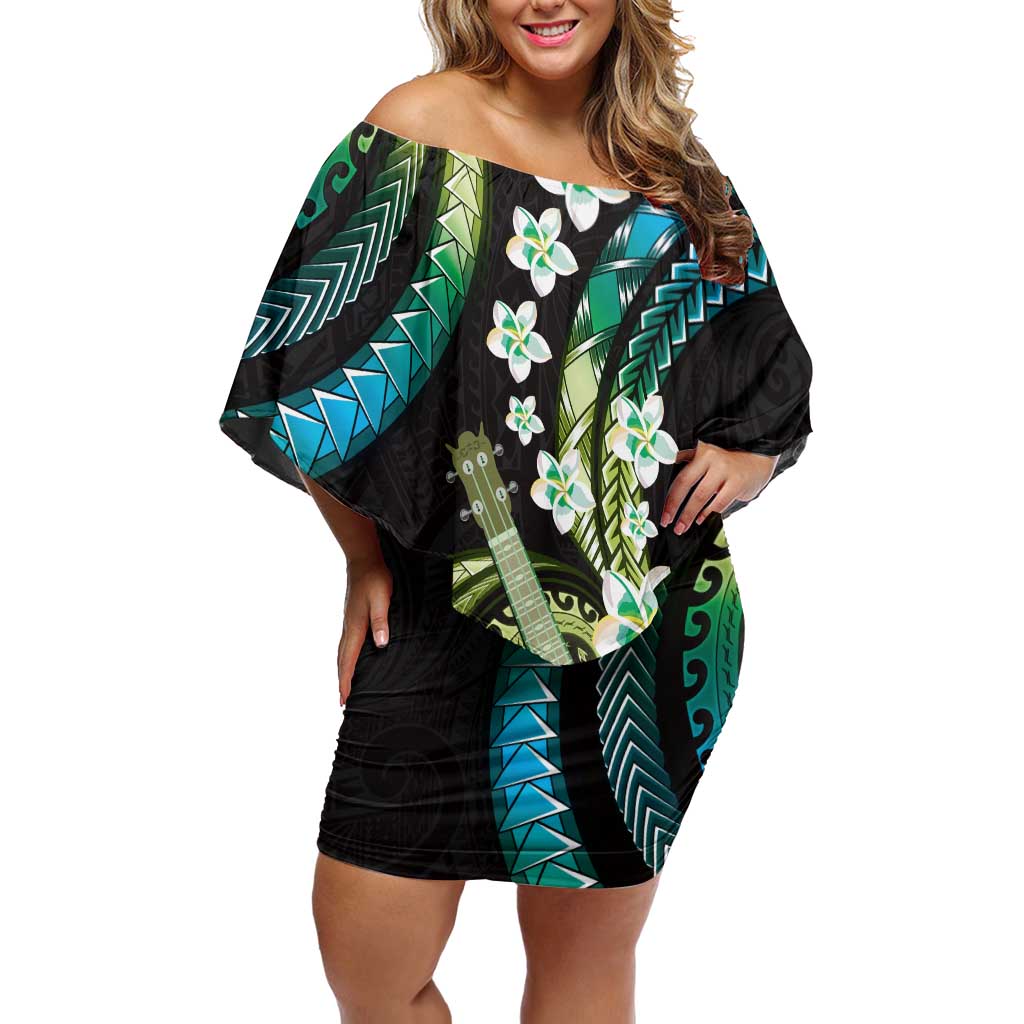 Hawaiian Ukulele Off Shoulder Short Dress Chartreuse Cyan Fantastic Plumeria LT01 Women Cyan - Polynesian Pride