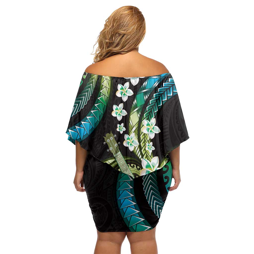 Hawaiian Ukulele Off Shoulder Short Dress Chartreuse Cyan Fantastic Plumeria LT01 - Polynesian Pride