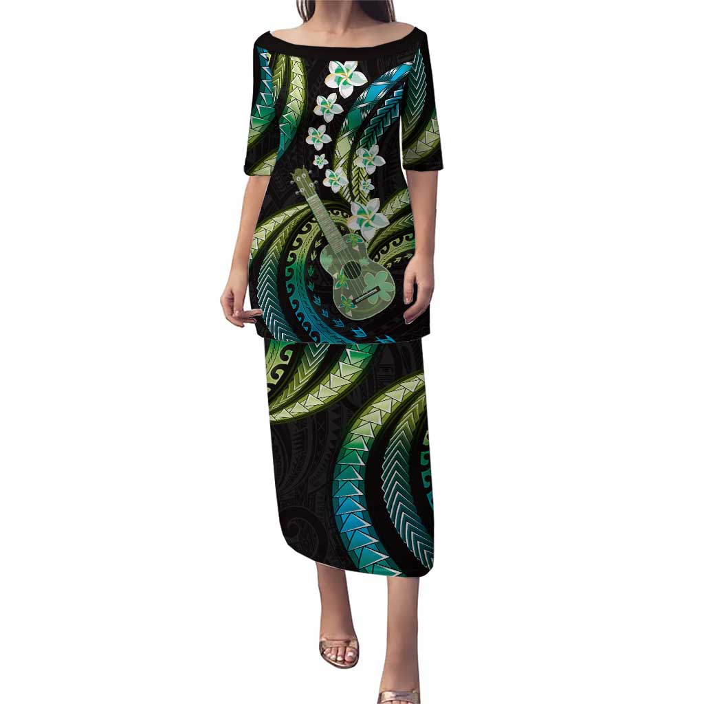 Hawaiian Ukulele Puletasi Chartreuse Cyan Fantastic Plumeria LT01 Long Dress Cyan - Polynesian Pride