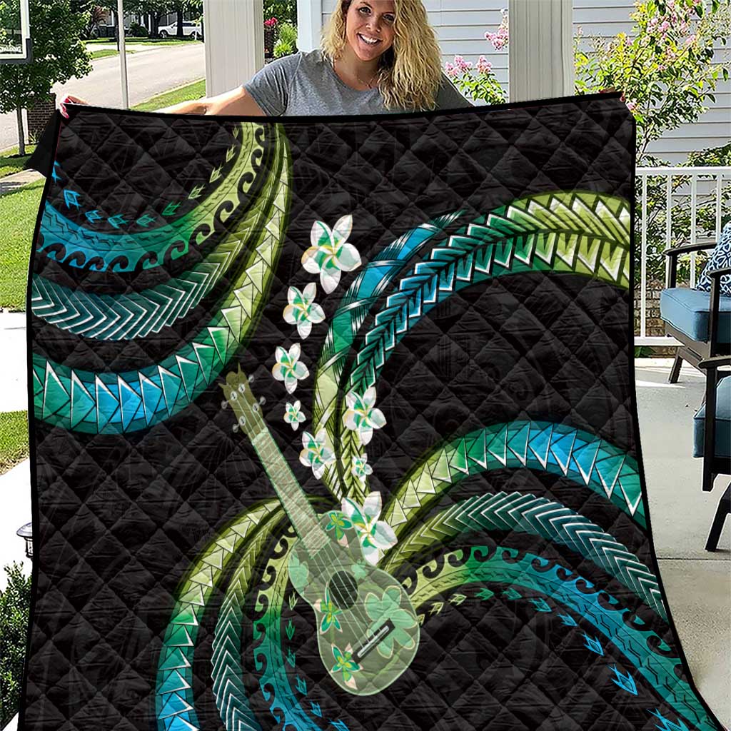 Hawaiian Ukulele Quilt Chartreuse Cyan Fantastic Plumeria LT01 Cyan - Polynesian Pride